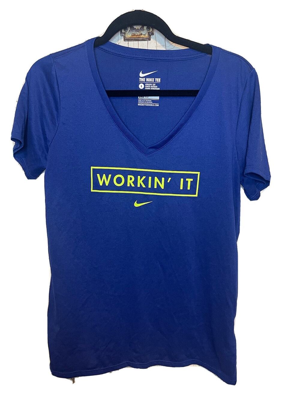 Nike Tee Womens Large Royal Blue V-Neck Short Sleeve T-Shirt Workin' It Swoosh